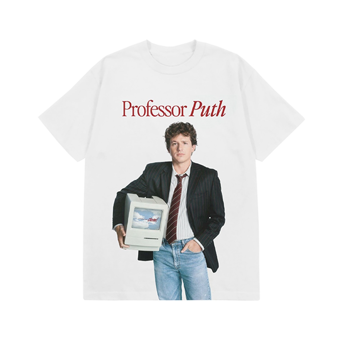 White t-shirt with 'Professor Puth' graphic