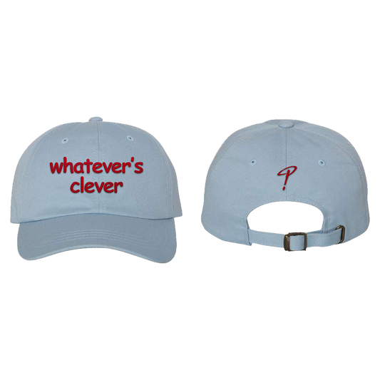 Light blue cap with red text 'whatever's clever' on front and Charlie Puth "P" logo on the back in red 